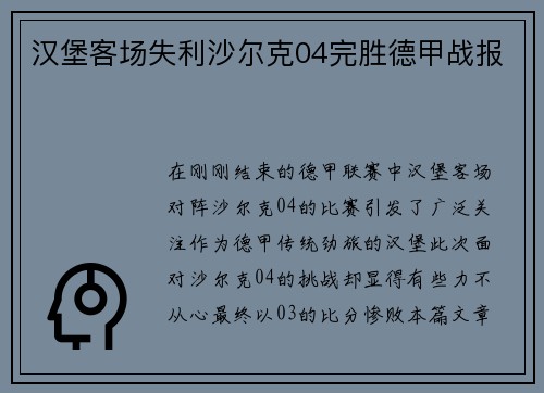 汉堡客场失利沙尔克04完胜德甲战报
